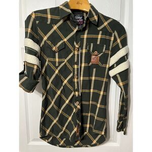 Heritage America 1776 Plaid‎ Flannel Shirt Sherpa Stripe Roll Tab Sleeve Medium